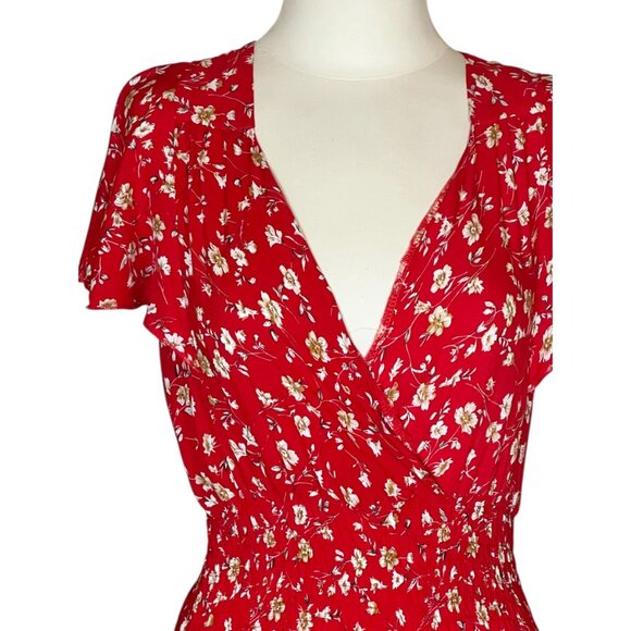 Kindred red floral wrap top flutter sleeve maxi dress size S - Picture 5 of 13